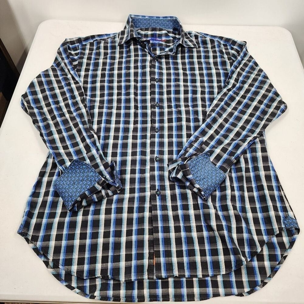 Robert Graham Blue Black Teal Plaid Button Long Sleeve Flip Cuff Shirt XL